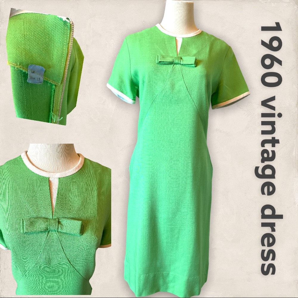 ⭐️VINTAGE LINEN⭐️green 1960’s dress. TODAY’S SIZE 8 Perfect vintage condition.❤️